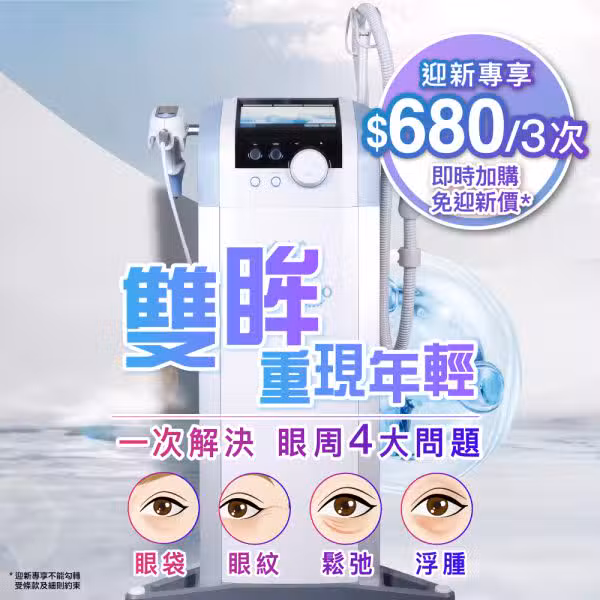 展示一台眼部護理設備，標題為「雙瞳重現年輕」，背景為清新的藍色，強調一次解決眼周四大問題，標示價格為$680，並展示了針對眼袋、眼紋、浮腫的效果。